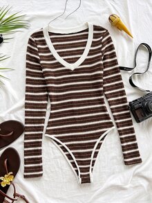 INAWLY Striped Print V Neck Bodysuit - Coffee Brown - View 3