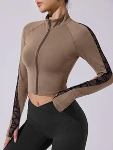 Easithlete Easithlete Women's Patchwork Geometric Mesh Zipper Front Sports Jacket - Coffee Brown - View 3