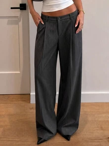 DAZY Women's Dark Grey Vertical Striped High Waist Pocket Pleated Loose Wide Leg Commuter Versatile Casual Long Pants - Black - View 3