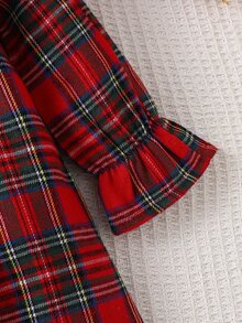 SHEIN Vintaside Kids 幼童女童聖誕格紋荷葉邊裙擺長袖蘇格蘭格子派對公主裙，附紅色格紋蝴蝶結，秋冬可愛復古風 - 紅色 - 查看 3