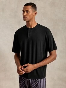 EverLounge Men's Casual Button Design Short Sleeve Loungewear Top - Black - View 5