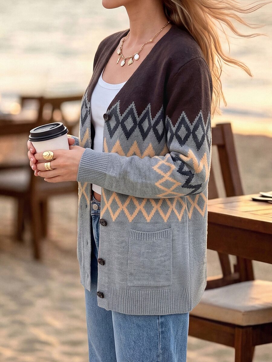 Sylviya Casual Women's Autumn/Winter Fair Isle Pattern Cardigan Long Sleeve Open Front Sweater - Multicolor - View 1