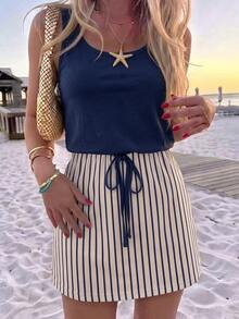 SHEIN LUNE Women's Casual Printed Short Dress Suitable For Spring And Summer - Navy Blue - View 8