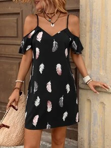 Brillora 女款夏季海灘度假浪漫波西米亞休閒印花洋裝 優雅派對寬鬆套裝 假日婚禮賓客穿搭 黑色 - 黑色 - 查看 6