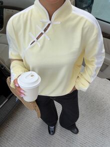 Muchica Women's Contrast Trim Cheongsam Collar Casual Daily Versatile Loose Long Sleeve Top Yellow Plush Buckle Autumn And Winter Top - Light Yellow - View 1