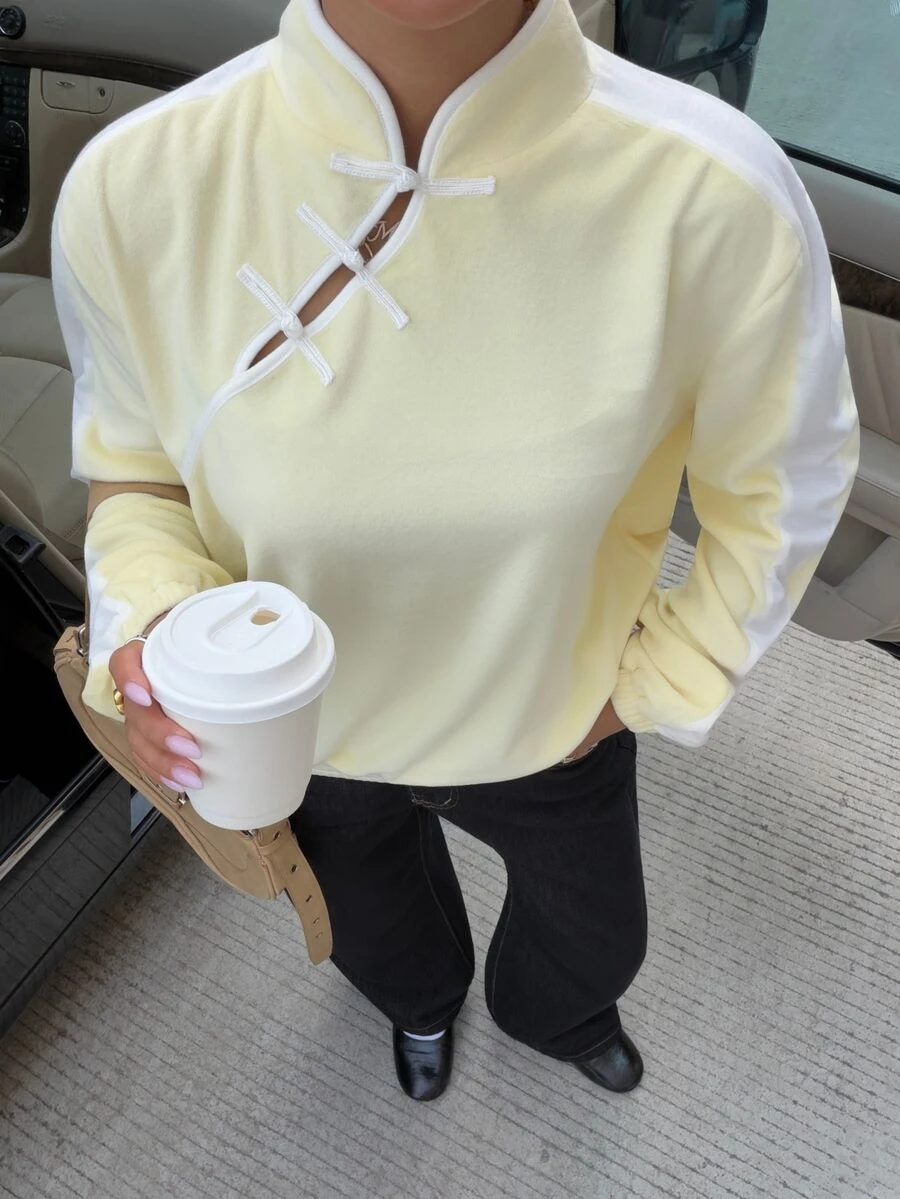 Muchica Women's Contrast Trim Cheongsam Collar Casual Daily Versatile Loose Long Sleeve Top Yellow Plush Buckle Autumn And Winter Top - Light Yellow - View 1