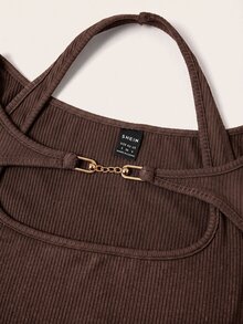 SHEIN EZwear 女款秋冬 Y2K 羅紋針織二合一連身衣喇叭袖長袖上衣 - 棕色 - 查看 5
