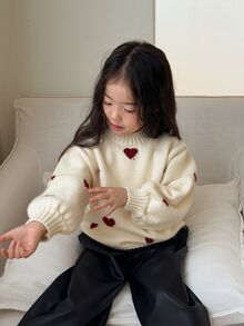 Dazy Kids Áo len bé gái sơ sinh cổ tròn họa tiết trái tim tay dài phong cách Hàn Quốc cho mùa thu/đông - trắng - Xem 8