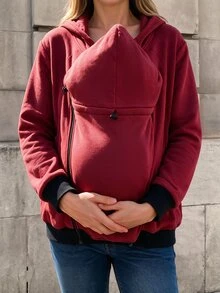 SHEIN Solid Color Maternity Hoodie Jacket 3-In-1 Outerwear For Home - Red - View 3