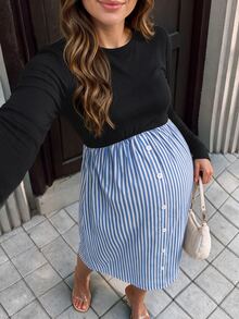 SHEIN Maternity Dress Blue Striped Elegant Fitted Dress Autumn/Winter Style - Blue - View 7