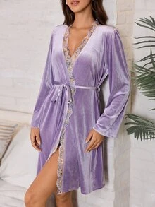 Serenescape Women's Short Velvet Robe With Embroidered Lace Trim Vacation Style Outerwear - Purple - View 4