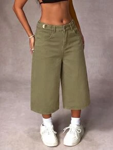 SHEIN EZwear 1pc Solid Wide Leg Crop Jeans - Army Green - View 5