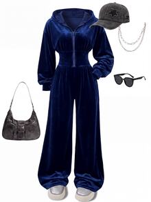 SHEIN 少女純色時尚休閒拉鍊連帽連身褲 - 藏蓝色 - 查看 6