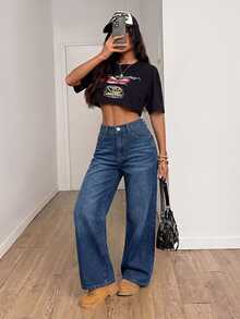 SHEIN PETITE 女款高腰寬鬆素色長版牛仔褲 - 深色水洗藍 - 查看 2