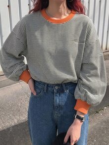 Dazy Kids Teen Girl Round Neck Long Sleeve Contrast Color Striped T-Shirt - Grey - View 7