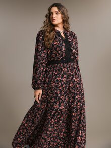 Freevana 女款大尺碼黑色洋裝，碎花圖案，蕾絲細節，長燈籠袖，優雅休閒適合外出，秋冬女裝 - 黑色 - 查看 6
