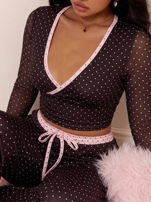 CovetEZ Contrast Polka Dot Slim Fit Flattering Casual Plus Size 2 Pieces Set - Brown - View 7