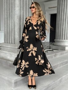 Pariaura Four-Way Stretch Printed V-Neck Ruched Front Long Sleeve Dress - Multicolor - View 4