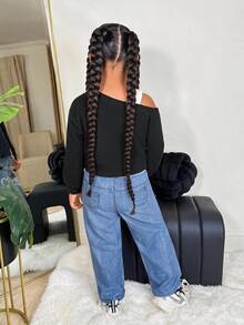 SHEIN Kids SLAYR Young Girl Young Girls Street Fashion Black Asymmetrical Shoulder Sweatshirt & Denim Effect Loose Pants Set - Blue - View 2