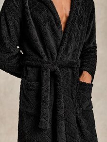 EverLounge Autumn/Winter Men's Minimalist Basic British Style Black Double-Sided Fleece Embossed Fabric Hooded Loungewear Robe - Black - View 4