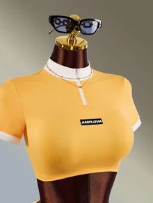 Amplova Women's Letter Print Stand Collar Short Sleeve Cropped T-Shirt And Shorts Sports Set - Butter Yellow - View 5