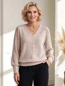 Women's Elegant V-Neck Long Sleeve Faux Pearl Design Top - Khaki - View 4