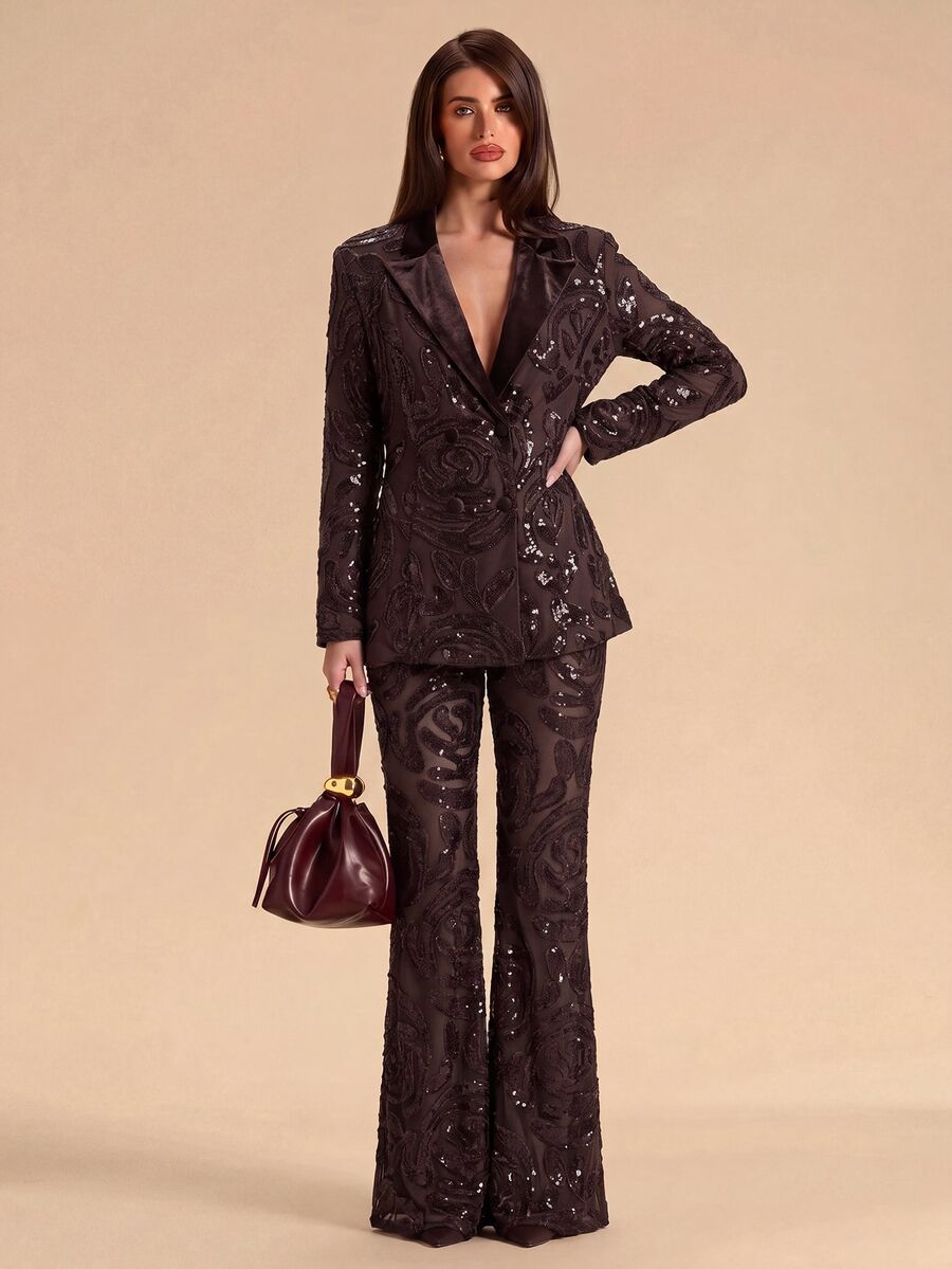 SHEIN BAE Celana Panjang Wanita Elegan dan Mewah dengan Hiasan Payet untuk Kantor dan Perjalanan Sehari-hari - Coklat - View 1