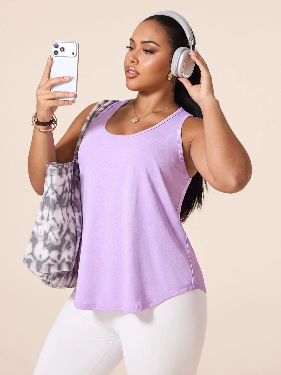 SHEIN Rhythm Era Women's Spring Summer Casual Minimalist Textured Fabric Vibrant Plus Size Sports Tank Top - Purple - View 1
