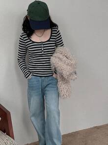 DAZY 女童休閒條紋修身短袖T恤上衣（大號） - 黑色 - 查看 7