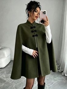 Selianne 女款 A 字披肩式羊毛立領中式盤扣開衩優雅深綠色洋裝 中長洋裝 國慶穿搭 - 綠色 - 查看 5