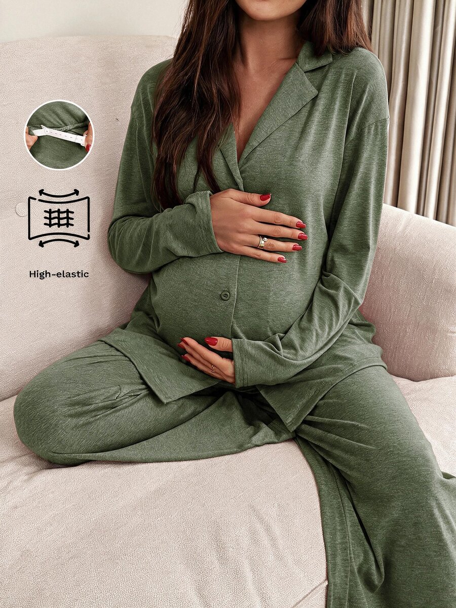 Slowluna Maternity Front Button Long Sleeve Top And Loose Pants 2 Pieces Set Fall - Army Green - View 1