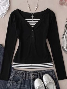 Teen Girl Casual Slim Fit Long Sleeve T-Shirt Base Layer, Versatile Comfortable Elegant Style, Suitable For Outings, School, Layering - Black - View 3