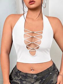 SHEIN ICON 大尺碼女款純色修身掛脖上衣，適合日常穿著 - 白色 - 查看 5