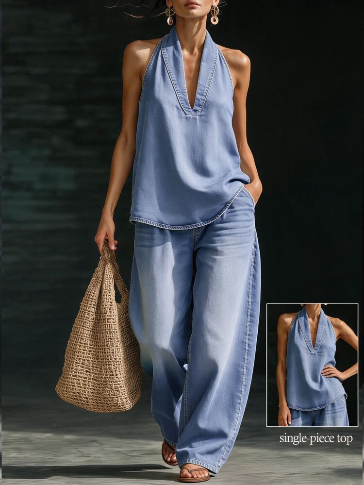 Balvessa Plus Size Women's Deep V Neck Fashion Halter Denim Top - Blue - View 1