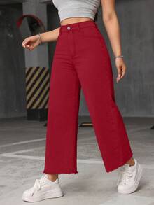 Jeanoix Plus Size Casual Versatile Frayed Hem Button Loose Fit Denim Jeans - Red - View 6