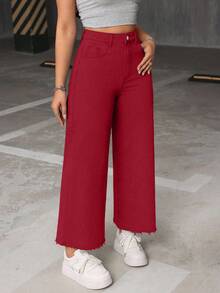 Jeanoix Plus Size Casual Versatile Frayed Hem Button Loose Fit Denim Jeans - Red - View 5