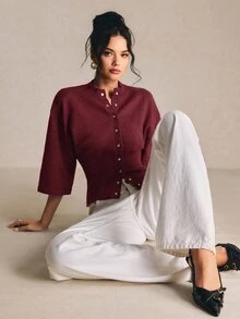 Poéselle 女款復古時尚鈕扣收腰針織開襟衫 - 酒紅色 - 查看 7