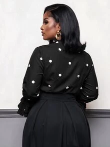 Slaydiva Women's Plus Size Polka Dot Bell Sleeve Blouse Fall - Black - View 2