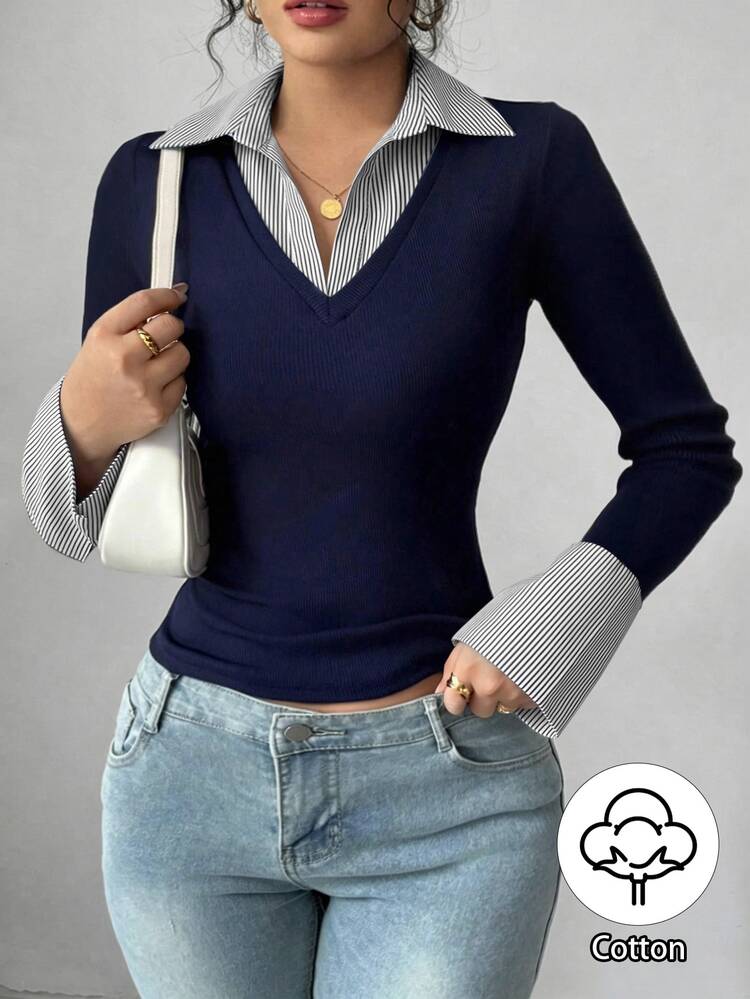 SHEIN Raffinéa Women's Navy Blue Black & White Ribbed Contrast Polo Collar V-Neck Fitted Crop Top, Casual Chic T-Shirt For Autumn/Winter, Old Money Style, Long Flared Sleeves, Versatile Home Leisure Elegant Commute T-Shirt, High Elastic Ribbed Soft Fabric - Navy Blue - View 4