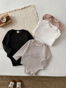 Cozy Pixies مجموعة ملابس أطفال حديثي الولادة للبنات والأولاد للخريف والشتاء، رومبير بأكمام طويلة بلون سادة لطيف، طقم من 4 قطع، محبوك ناعم برقبة دائرية مخطط وملون متعدد القطع - متعدد الألوان - مشاهدة 5