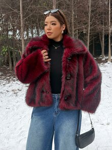 Muchica Plus-Size Burgundy Faux Fur Cropped Jacket For Autumn And Winter, Featuring Toggle Closures And A Full Lining. - Redwood - View 4