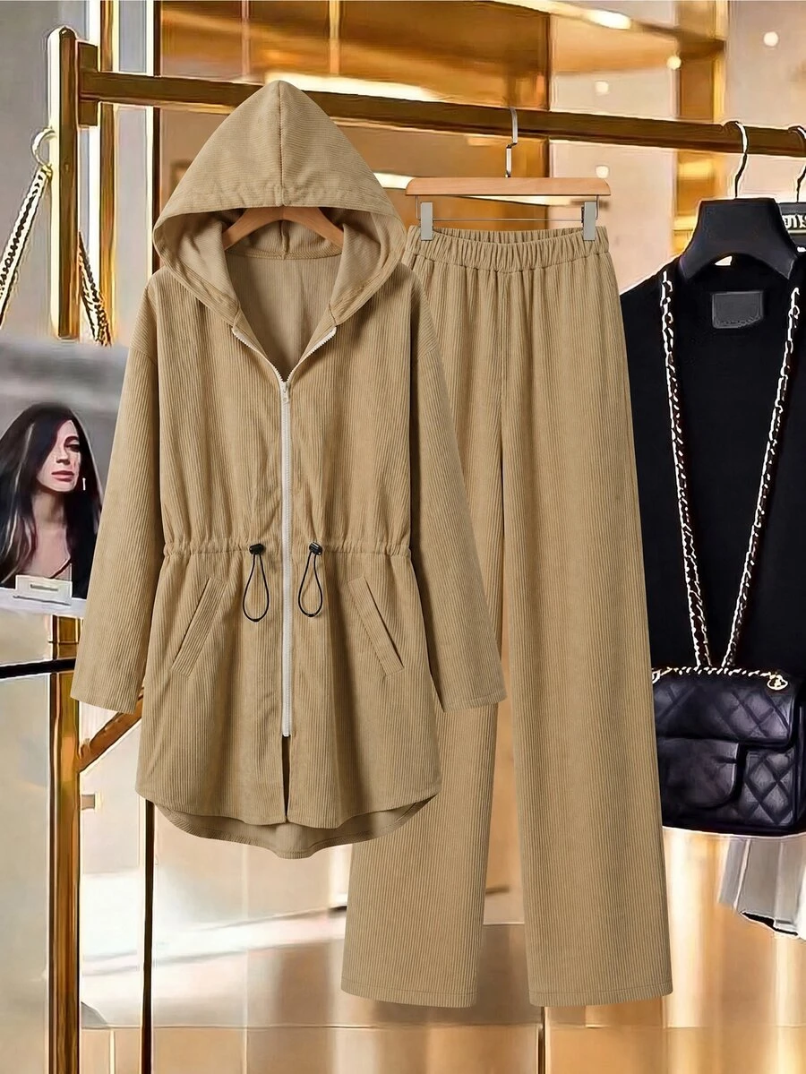 Lacomfia Women's Hooded Long Sleeve Cinched Waist Versatile Casual Fashion Autumn/Winter Plus Size Two Pieces Set - Khaki - View 1