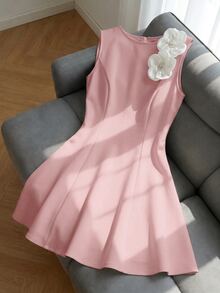 SHEIN Pitira Teen Girls Pink Elegant 3D Floral Decor Waist-Cinching A-Line Sleeveless Dress, Formal Wear - Pink - View 7