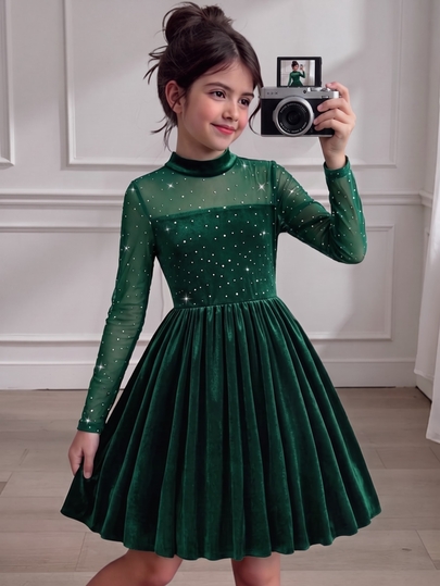 Elegant Dark Green Velvet Dress For Girls, Dark Green Mesh Half High Neck Long Sleeve Spliced Velvet Princess Skirt With Full Flare, High Waist A-Line Hem, Premium Texture, Suitable For Performances, Birthday Parties, Elegant Luxury Style Dress For Girls