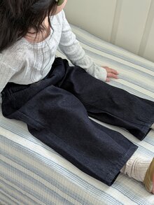 DAZY Jeans Denim Gelap Cuci Longgar Kasual Kaki Lurus dengan Desain Pola Bordir untuk Anak Perempuan Muda, Musim Gugur/Dingin - Dark Wash - View 2