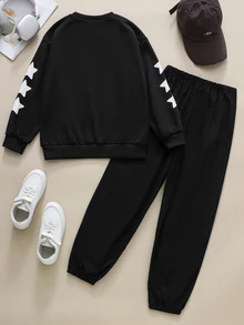 SHEIN 2件組青少年男孩街頭風黑色字母星星印花圓領長袖衛衣運動褲套裝 秋季穿搭 - 黑色 - 查看 2