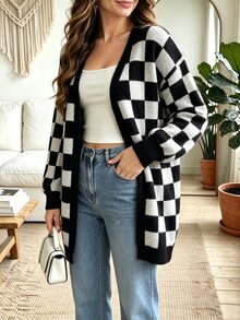 SHEIN Casual Loose Fit V-Neck Long Sleeve Knit Contrast Color Checkerboard Design Black & White Women's Spring Autumn Cardigan - Black and White - View 5