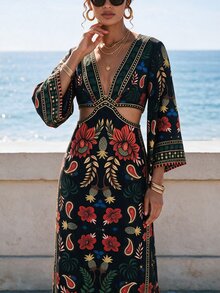 CAJUNI Women's Floral Print V-Neck Casual Tropical Boho Versatile Daily Wearlong Dress Holiday Beach Black Floral Fall - Multicolor - View 5