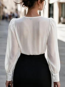 SHEIN Women's Elegant Chiffon Pleated Ruffle Front Long Sleeve Blouse, Commute Daily Shirt - White - View 2