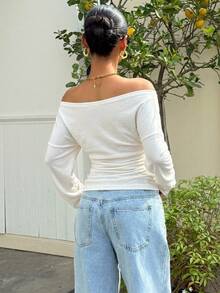 Muchica 95%棉女款休閒露肩修身長袖T恤，優雅 - 白色 - 查看 2